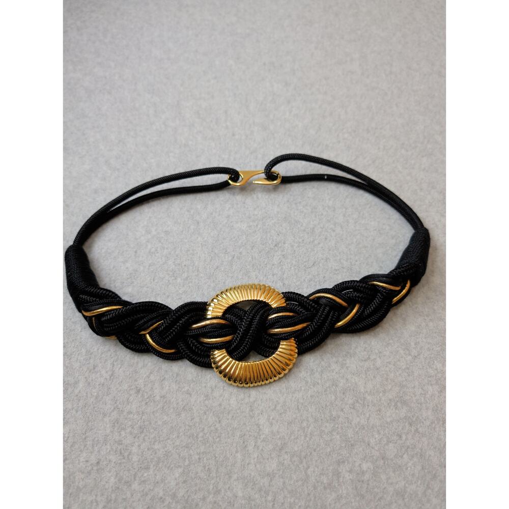 Vintage Leather Shop Womens Black Belt Woven Braided Rope Gold Hardward Stretch - Picture 4 of 8